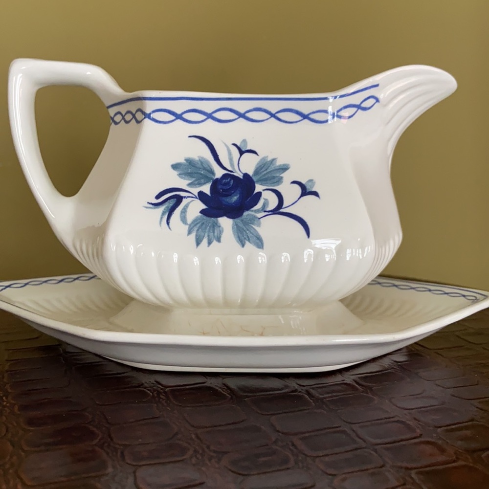 Adams China Baltic Gravy Boat & Attached Saucer Made in England Pottery Dish